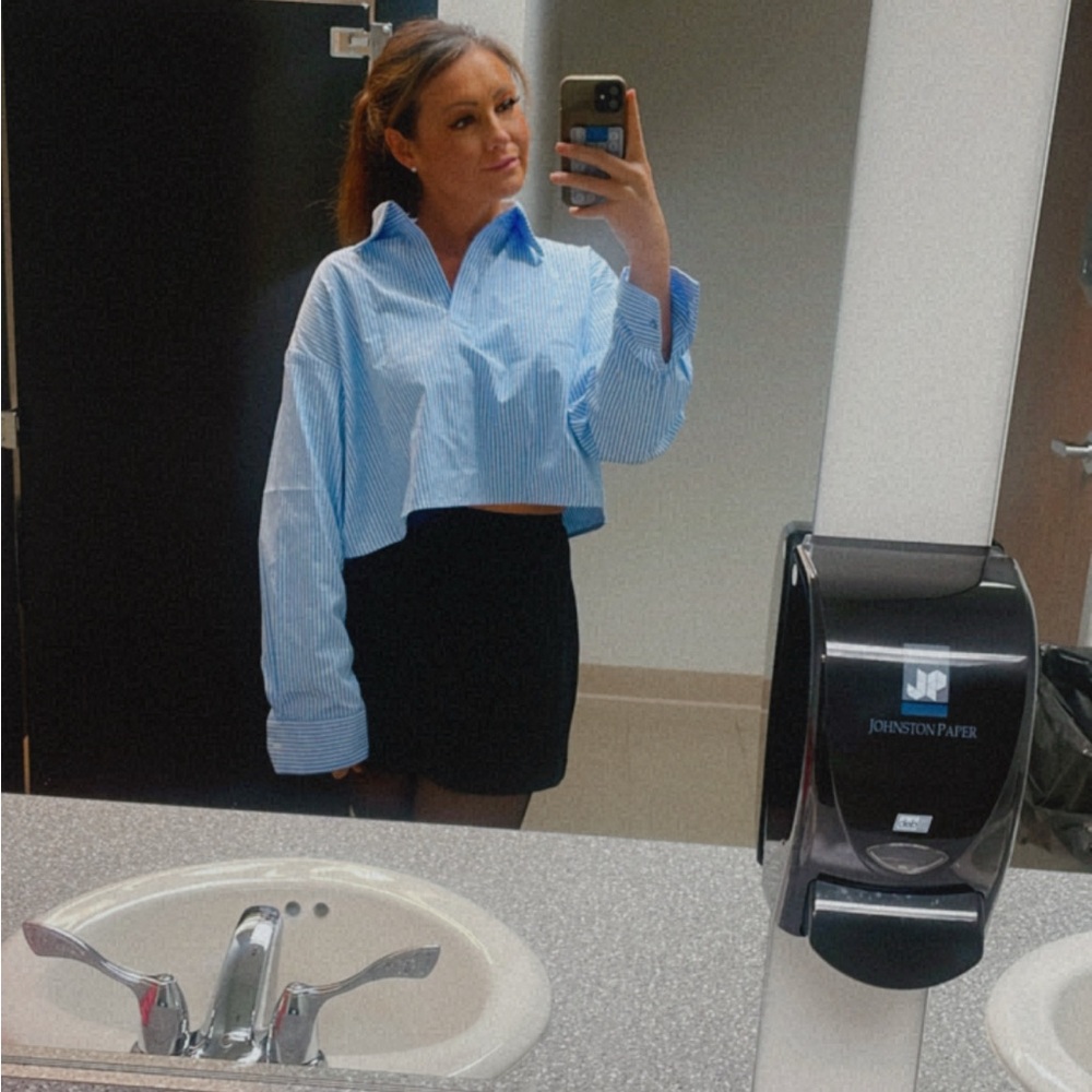 Cider Cropped Blue Pinstripe Collared Shirt